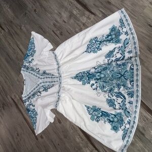 BLOOMCHIC Bandana Print Ruffle Sleeve V-neck Pocket Knee Dress